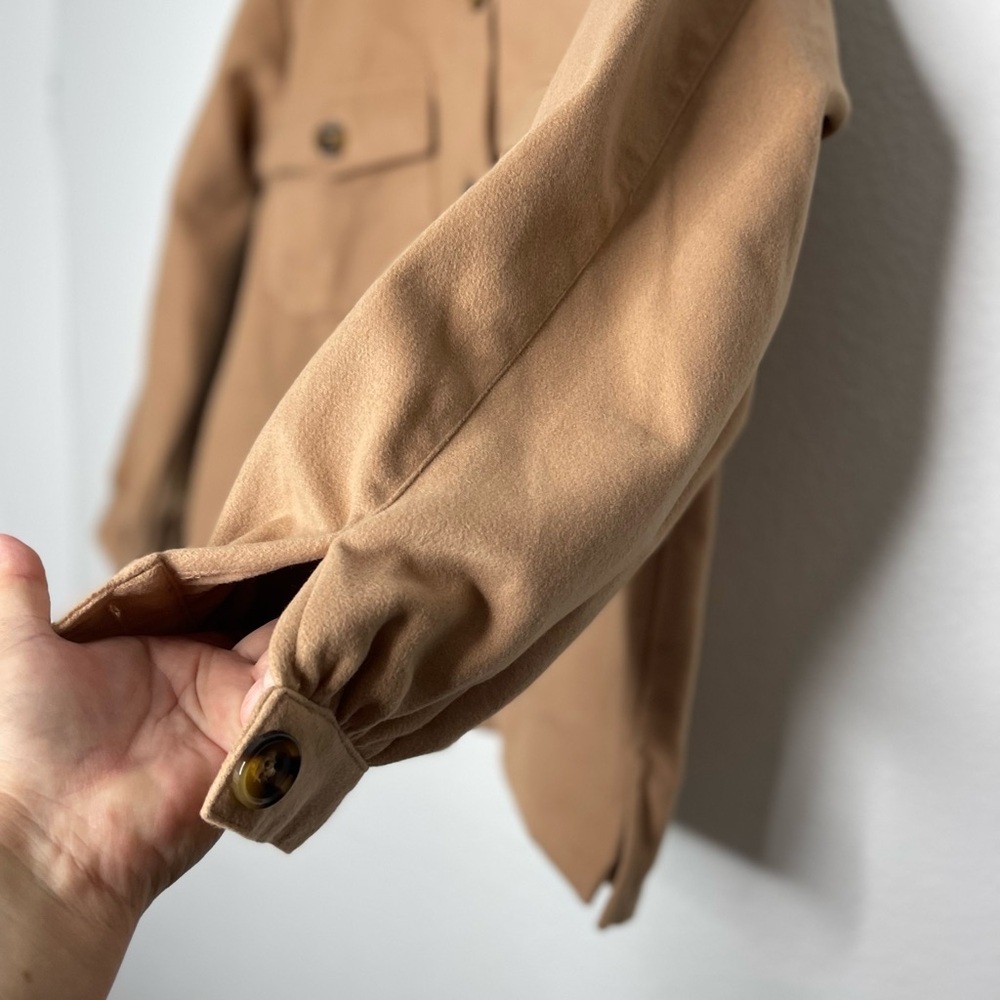 NWT Mudpie Tan Felt Shacket Button Down Oversized Relaxed Cozy Winter Size Small - Picture 9 of 12
